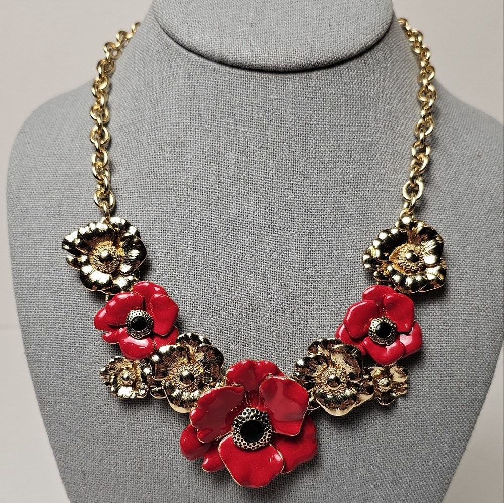 [TALBOTS] Black, Gold & Red Enamel Poppies  Statement Bib Necklace
